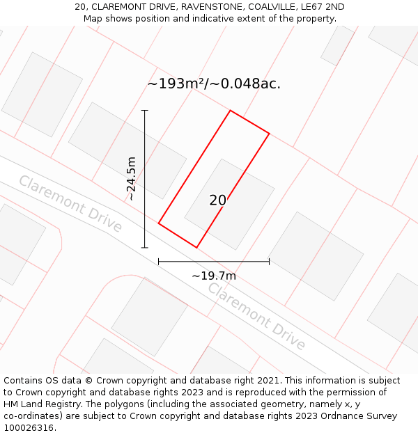 20, CLAREMONT DRIVE, RAVENSTONE, COALVILLE, LE67 2ND: Plot and title map
