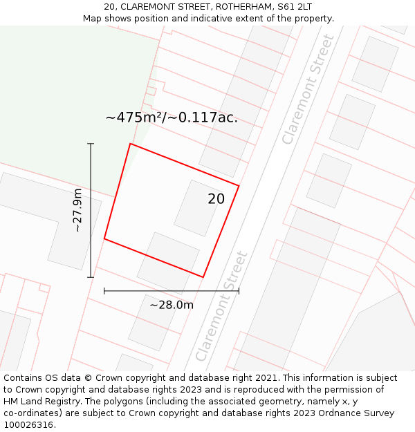 20, CLAREMONT STREET, ROTHERHAM, S61 2LT: Plot and title map