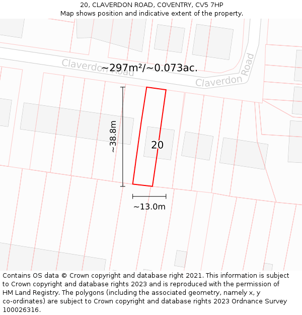 20, CLAVERDON ROAD, COVENTRY, CV5 7HP: Plot and title map