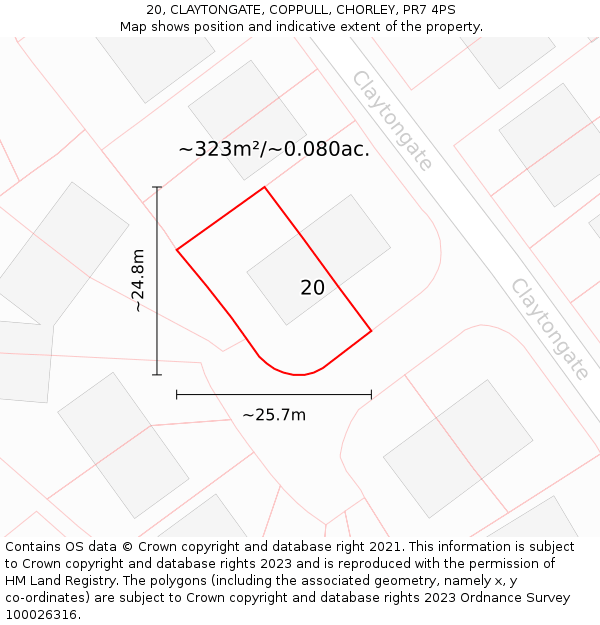 20, CLAYTONGATE, COPPULL, CHORLEY, PR7 4PS: Plot and title map