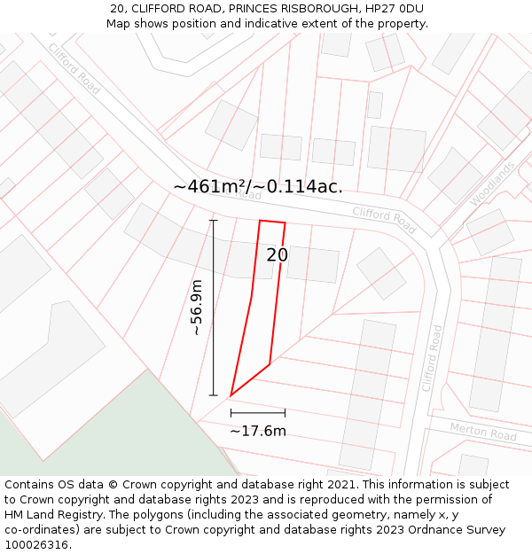 20, CLIFFORD ROAD, PRINCES RISBOROUGH, HP27 0DU: Plot and title map