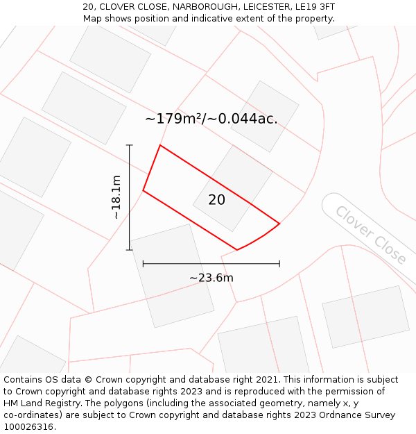 20, CLOVER CLOSE, NARBOROUGH, LEICESTER, LE19 3FT: Plot and title map