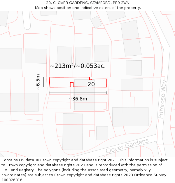 20, CLOVER GARDENS, STAMFORD, PE9 2WN: Plot and title map