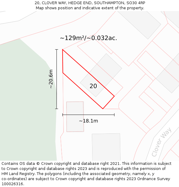 20, CLOVER WAY, HEDGE END, SOUTHAMPTON, SO30 4RP: Plot and title map