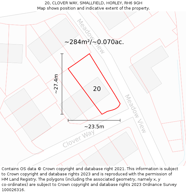 20, CLOVER WAY, SMALLFIELD, HORLEY, RH6 9GH: Plot and title map