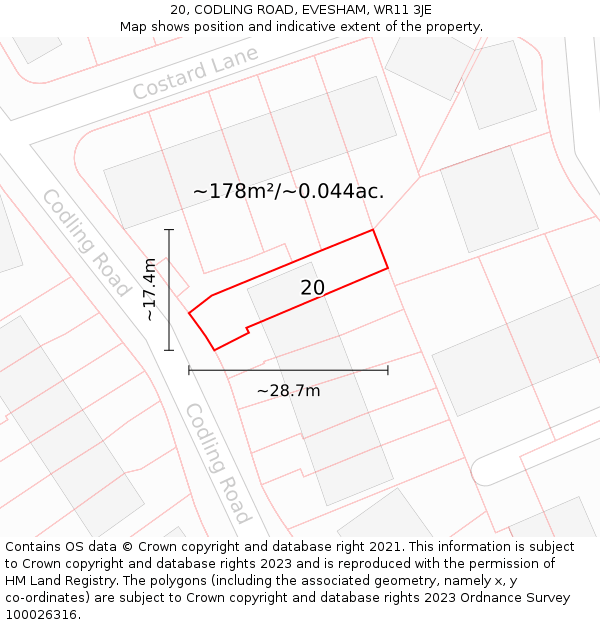 20, CODLING ROAD, EVESHAM, WR11 3JE: Plot and title map