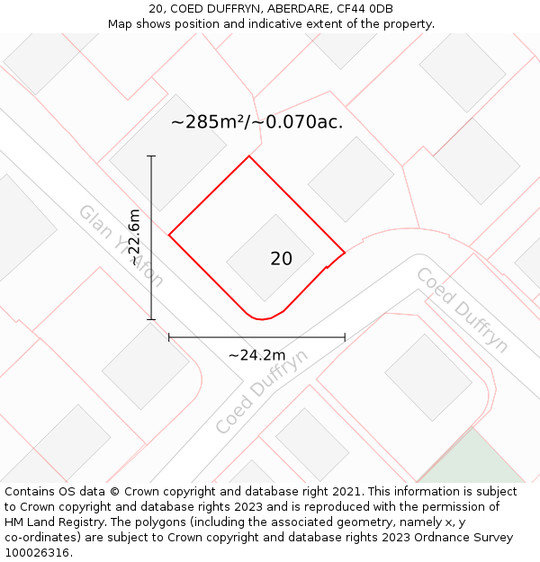 20, COED DUFFRYN, ABERDARE, CF44 0DB: Plot and title map
