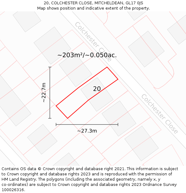 20, COLCHESTER CLOSE, MITCHELDEAN, GL17 0JS: Plot and title map