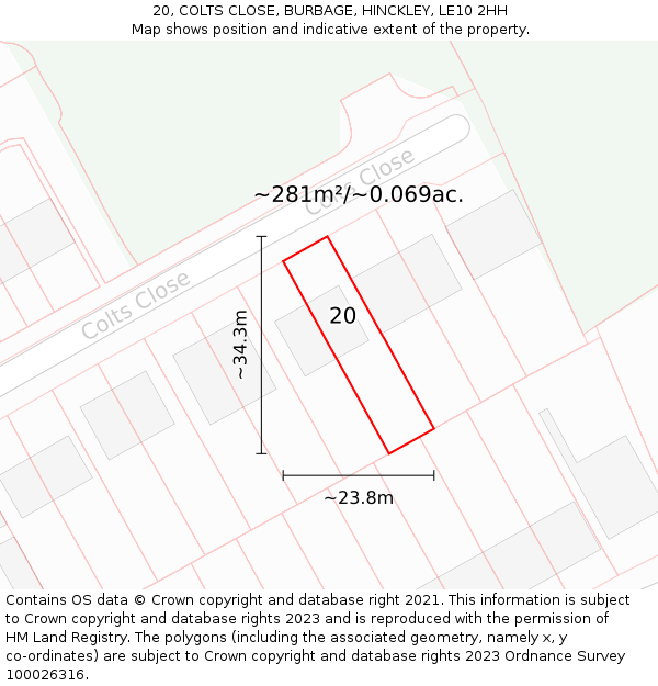 20, COLTS CLOSE, BURBAGE, HINCKLEY, LE10 2HH: Plot and title map