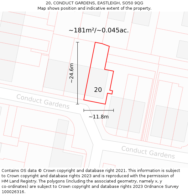 20, CONDUCT GARDENS, EASTLEIGH, SO50 9QG: Plot and title map