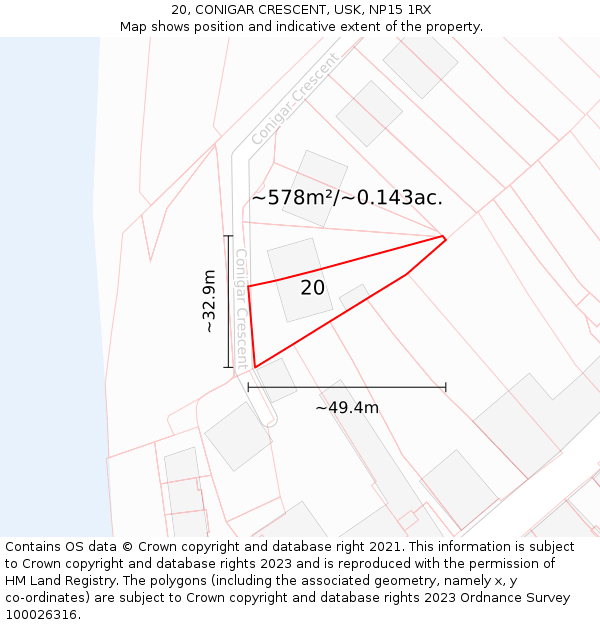 20, CONIGAR CRESCENT, USK, NP15 1RX: Plot and title map
