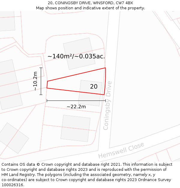 20, CONINGSBY DRIVE, WINSFORD, CW7 4BX: Plot and title map