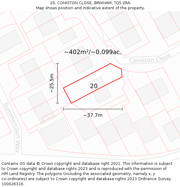 20, CONISTON CLOSE, BRIXHAM, TQ5 0RA: Plot and title map