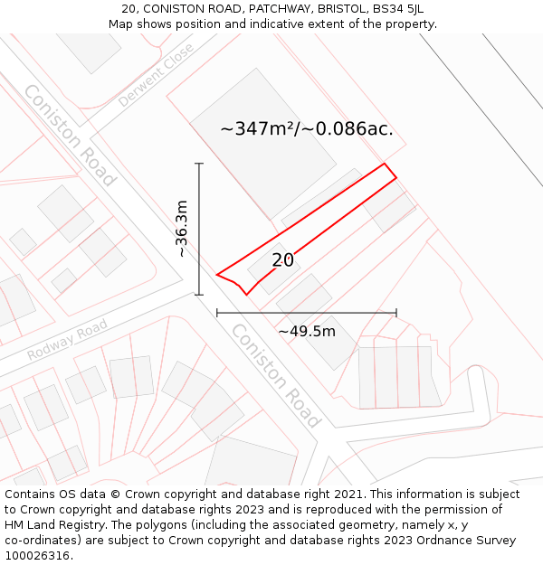 20, CONISTON ROAD, PATCHWAY, BRISTOL, BS34 5JL: Plot and title map