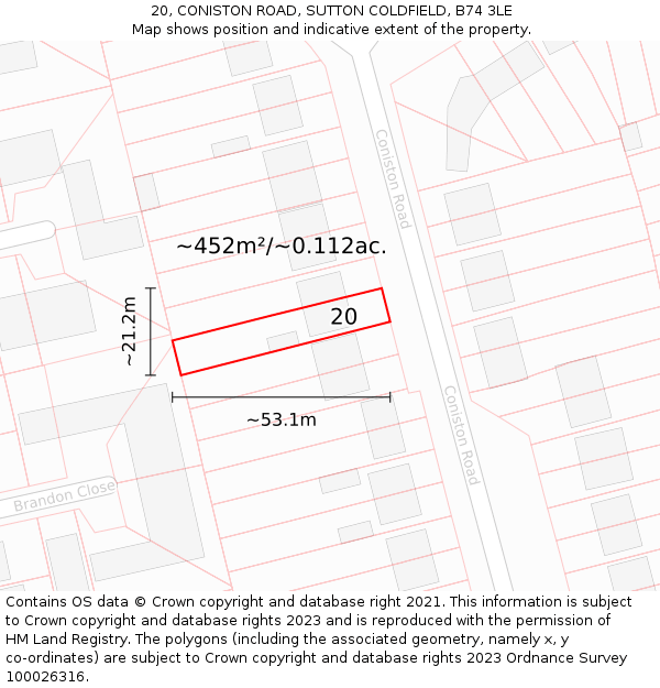 20, CONISTON ROAD, SUTTON COLDFIELD, B74 3LE: Plot and title map