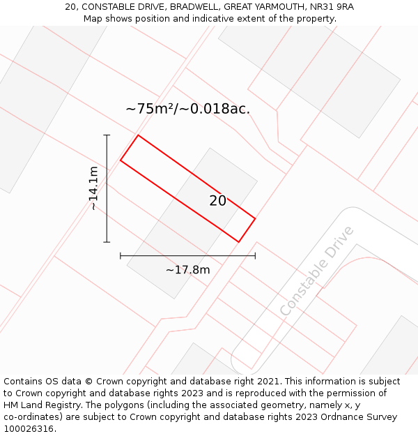 20, CONSTABLE DRIVE, BRADWELL, GREAT YARMOUTH, NR31 9RA: Plot and title map