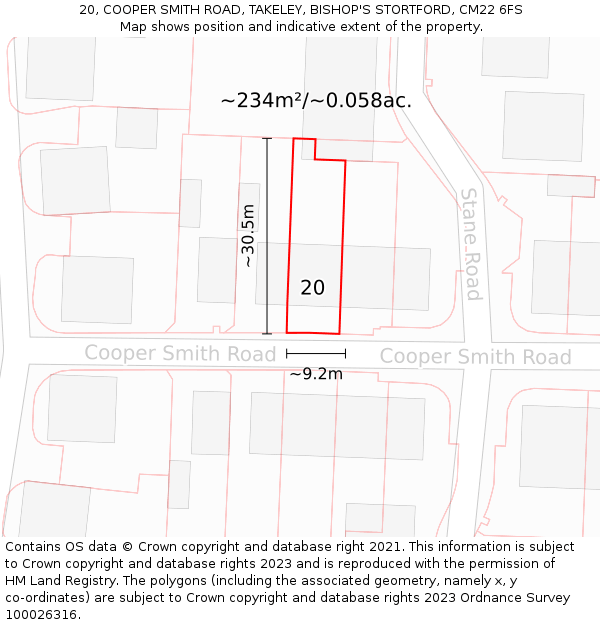 20, COOPER SMITH ROAD, TAKELEY, BISHOP'S STORTFORD, CM22 6FS: Plot and title map