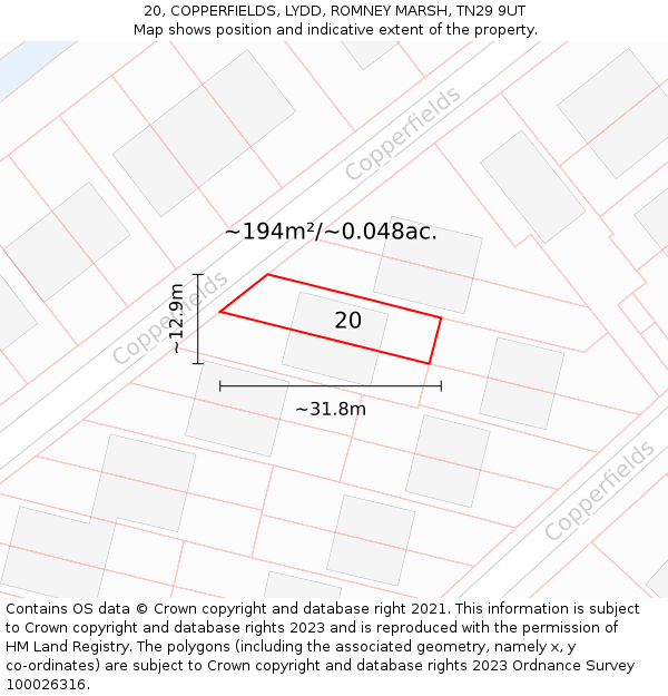 20, COPPERFIELDS, LYDD, ROMNEY MARSH, TN29 9UT: Plot and title map
