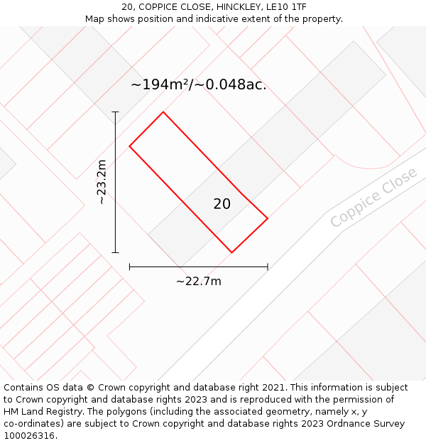 20, COPPICE CLOSE, HINCKLEY, LE10 1TF: Plot and title map