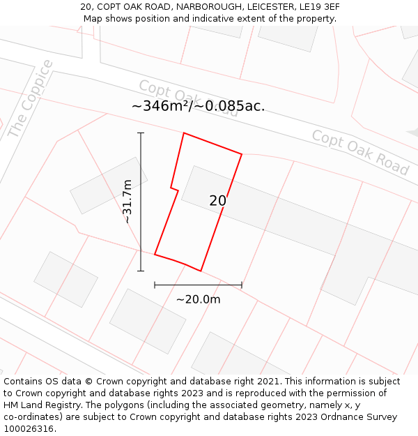20, COPT OAK ROAD, NARBOROUGH, LEICESTER, LE19 3EF: Plot and title map