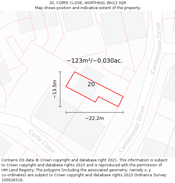 20, CORFE CLOSE, WORTHING, BN13 3QR: Plot and title map