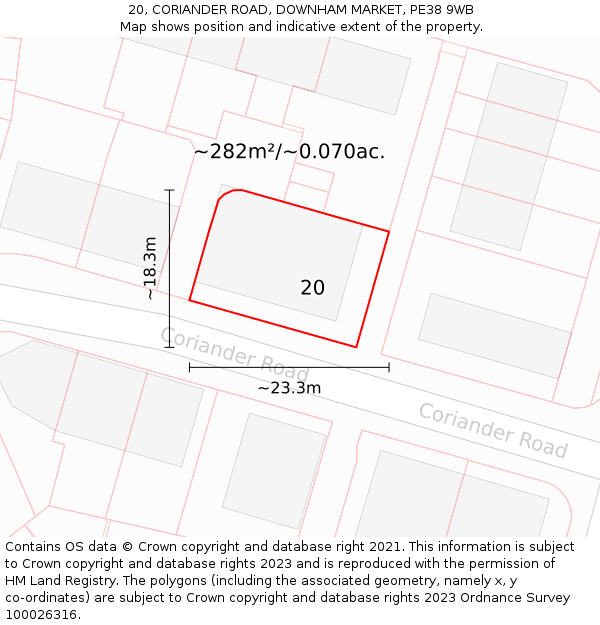 20, CORIANDER ROAD, DOWNHAM MARKET, PE38 9WB: Plot and title map