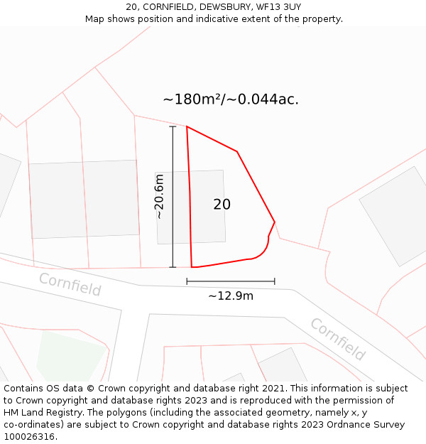 20, CORNFIELD, DEWSBURY, WF13 3UY: Plot and title map