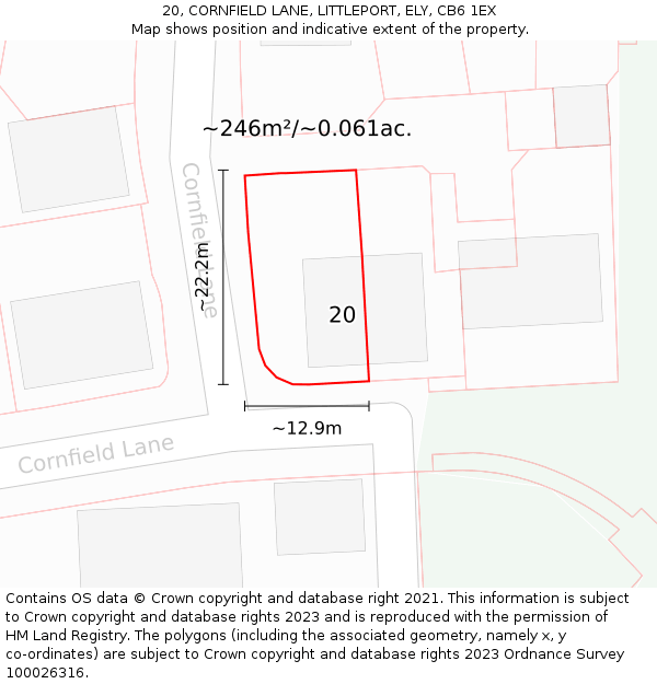 20, CORNFIELD LANE, LITTLEPORT, ELY, CB6 1EX: Plot and title map
