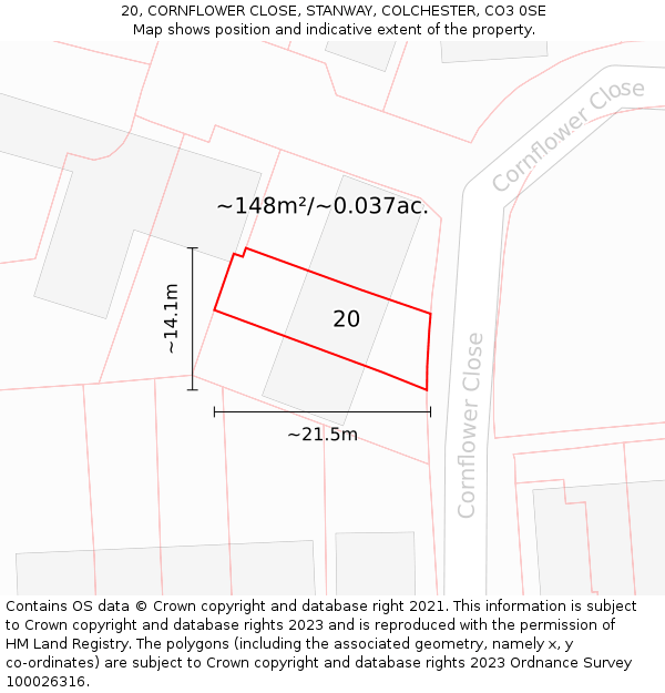 20, CORNFLOWER CLOSE, STANWAY, COLCHESTER, CO3 0SE: Plot and title map