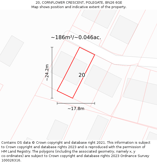 20, CORNFLOWER CRESCENT, POLEGATE, BN26 6GE: Plot and title map