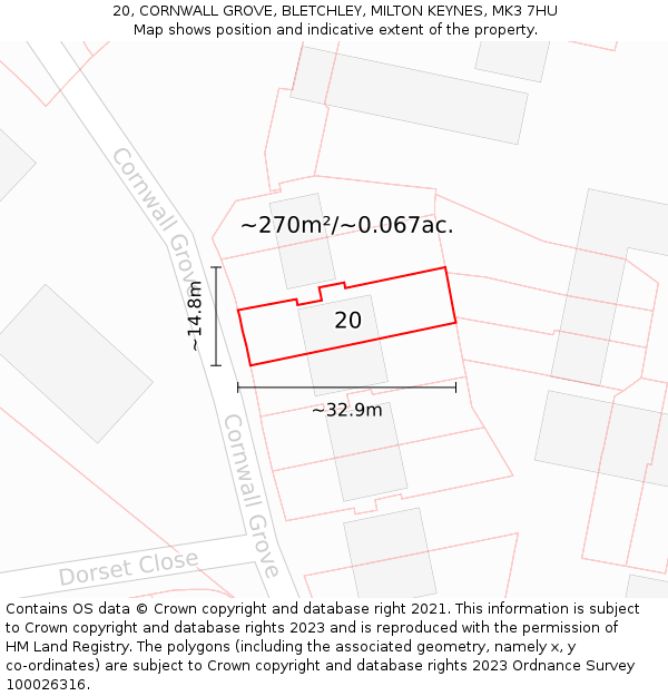 20, CORNWALL GROVE, BLETCHLEY, MILTON KEYNES, MK3 7HU: Plot and title map