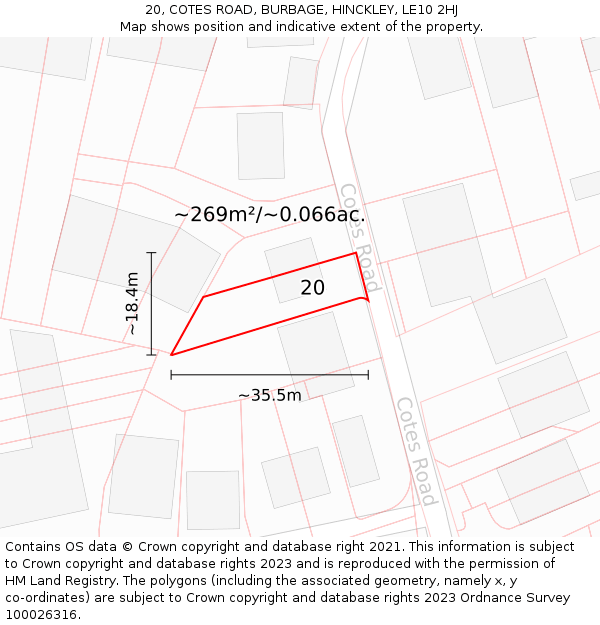 20, COTES ROAD, BURBAGE, HINCKLEY, LE10 2HJ: Plot and title map