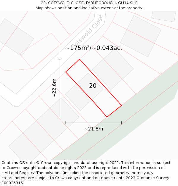 20, COTSWOLD CLOSE, FARNBOROUGH, GU14 9HP: Plot and title map