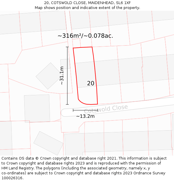 20, COTSWOLD CLOSE, MAIDENHEAD, SL6 1XF: Plot and title map