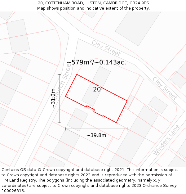 20, COTTENHAM ROAD, HISTON, CAMBRIDGE, CB24 9ES: Plot and title map