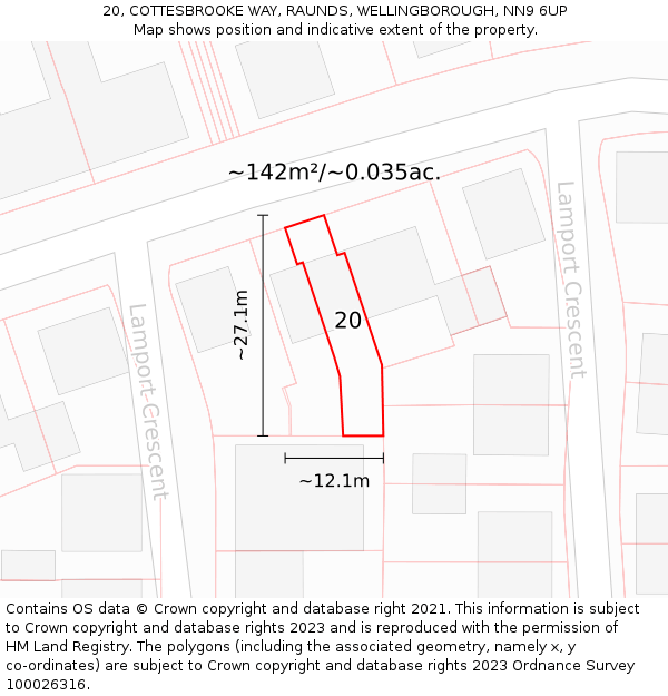 20, COTTESBROOKE WAY, RAUNDS, WELLINGBOROUGH, NN9 6UP: Plot and title map