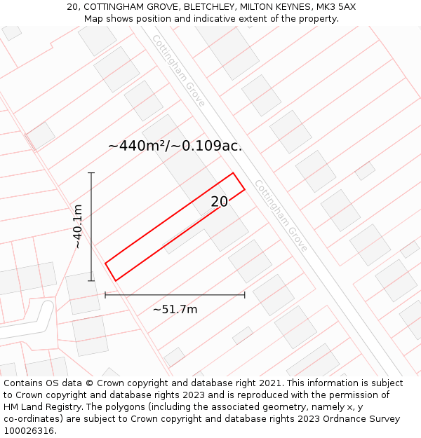 20, COTTINGHAM GROVE, BLETCHLEY, MILTON KEYNES, MK3 5AX: Plot and title map
