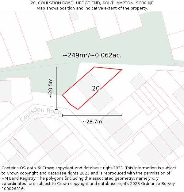 20, COULSDON ROAD, HEDGE END, SOUTHAMPTON, SO30 0JR: Plot and title map