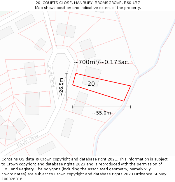 20, COURTS CLOSE, HANBURY, BROMSGROVE, B60 4BZ: Plot and title map