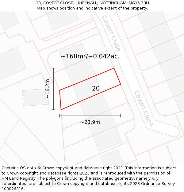 20, COVERT CLOSE, HUCKNALL, NOTTINGHAM, NG15 7RH: Plot and title map