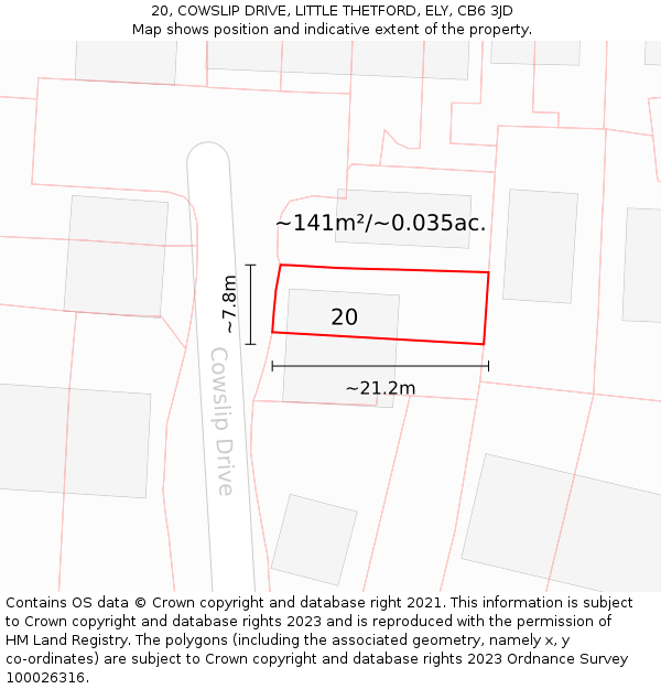 20, COWSLIP DRIVE, LITTLE THETFORD, ELY, CB6 3JD: Plot and title map