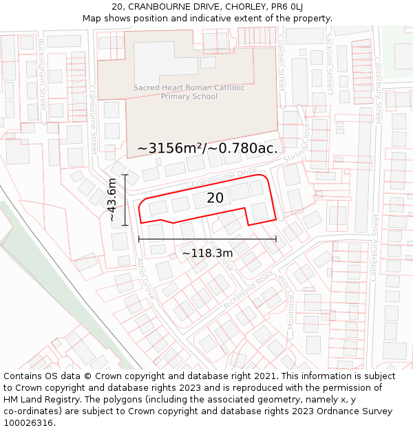 20, CRANBOURNE DRIVE, CHORLEY, PR6 0LJ: Plot and title map