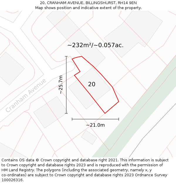 20, CRANHAM AVENUE, BILLINGSHURST, RH14 9EN: Plot and title map