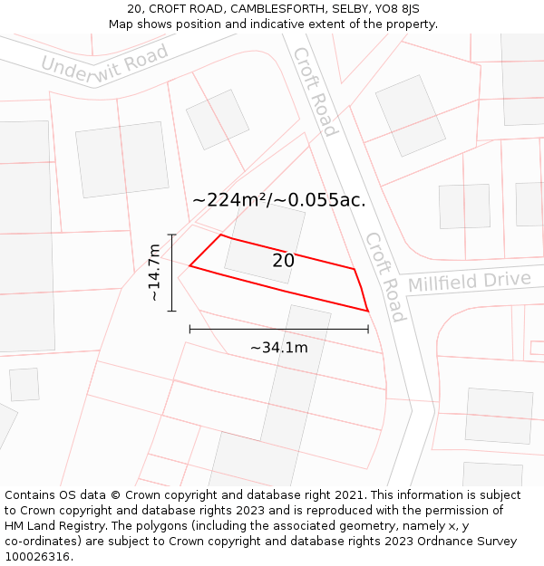 20, CROFT ROAD, CAMBLESFORTH, SELBY, YO8 8JS: Plot and title map
