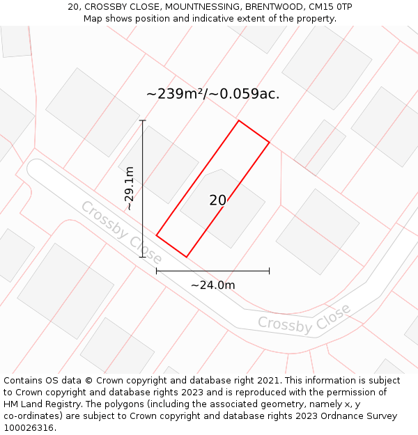 20, CROSSBY CLOSE, MOUNTNESSING, BRENTWOOD, CM15 0TP: Plot and title map