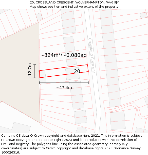 20, CROSSLAND CRESCENT, WOLVERHAMPTON, WV6 9JY: Plot and title map