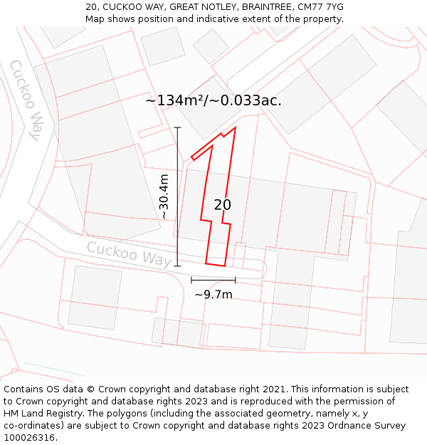 20, CUCKOO WAY, GREAT NOTLEY, BRAINTREE, CM77 7YG: Plot and title map