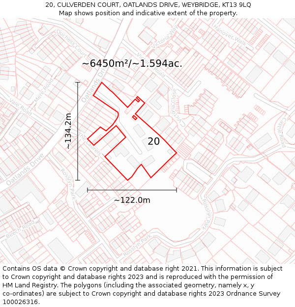 20, CULVERDEN COURT, OATLANDS DRIVE, WEYBRIDGE, KT13 9LQ: Plot and title map