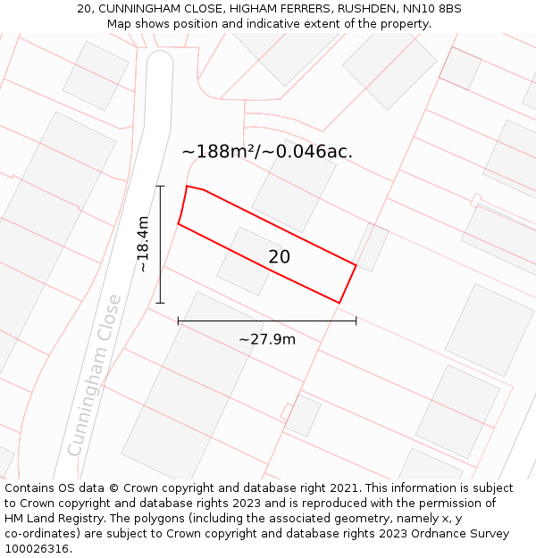 20, CUNNINGHAM CLOSE, HIGHAM FERRERS, RUSHDEN, NN10 8BS: Plot and title map