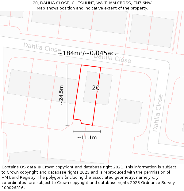 20, DAHLIA CLOSE, CHESHUNT, WALTHAM CROSS, EN7 6NW: Plot and title map